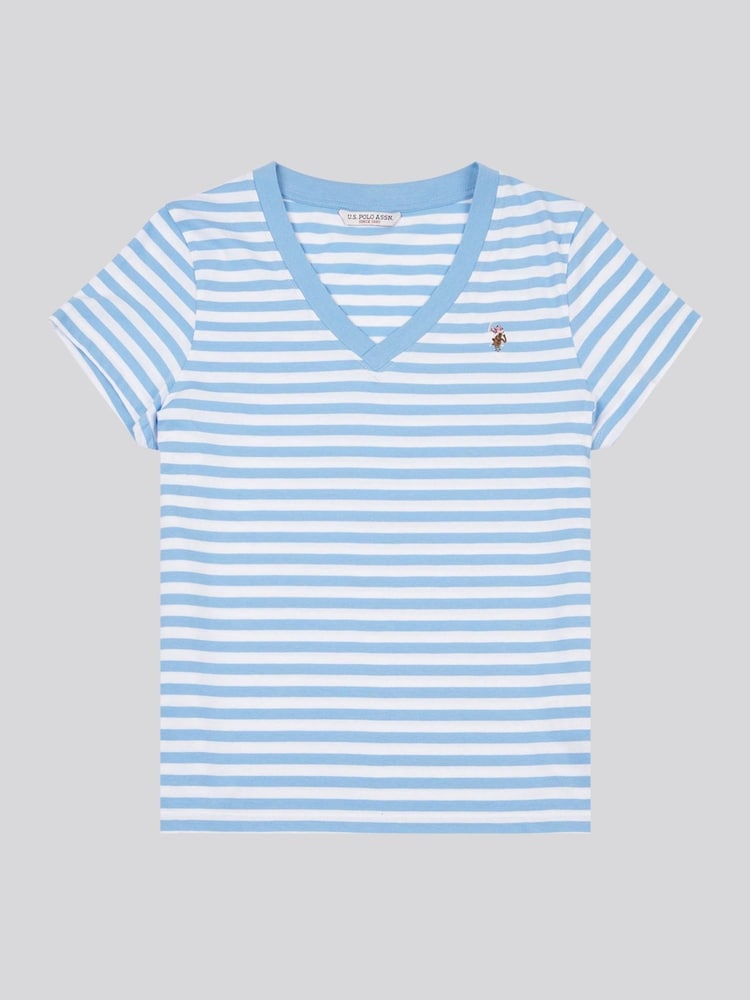 כחול  - U.S. Polo Assn. Womens Stripe V-Neck 100% Cotton T-Shirt - Image 5 of 7