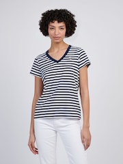 U.S. Polo Assn. Navy Blue Womens Stripe V-Neck 100% Cotton T-Shirt - Image 1 of 7