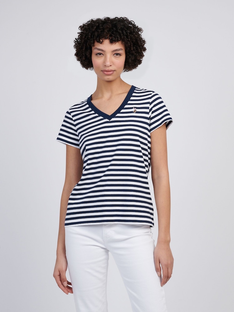 U.S. Polo Assn. Navy Blue Womens Stripe V-Neck 100% Cotton T-Shirt - Image 1 of 7