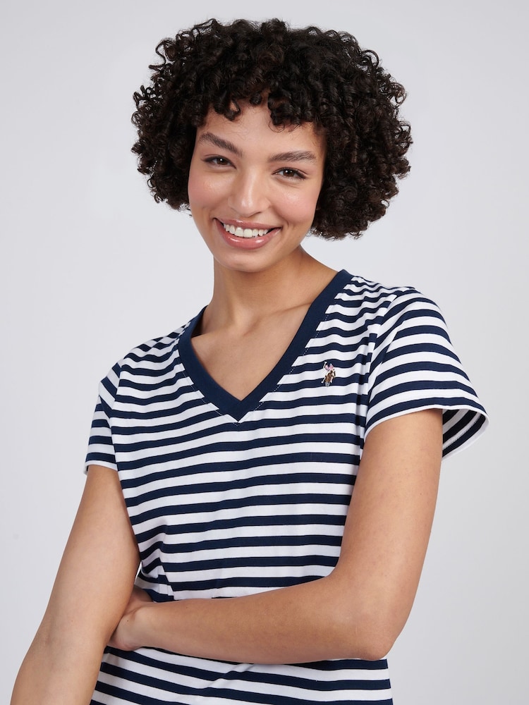 U.S. Polo Assn. Navy Blue Womens Stripe V-Neck 100% Cotton T-Shirt - Image 2 of 7