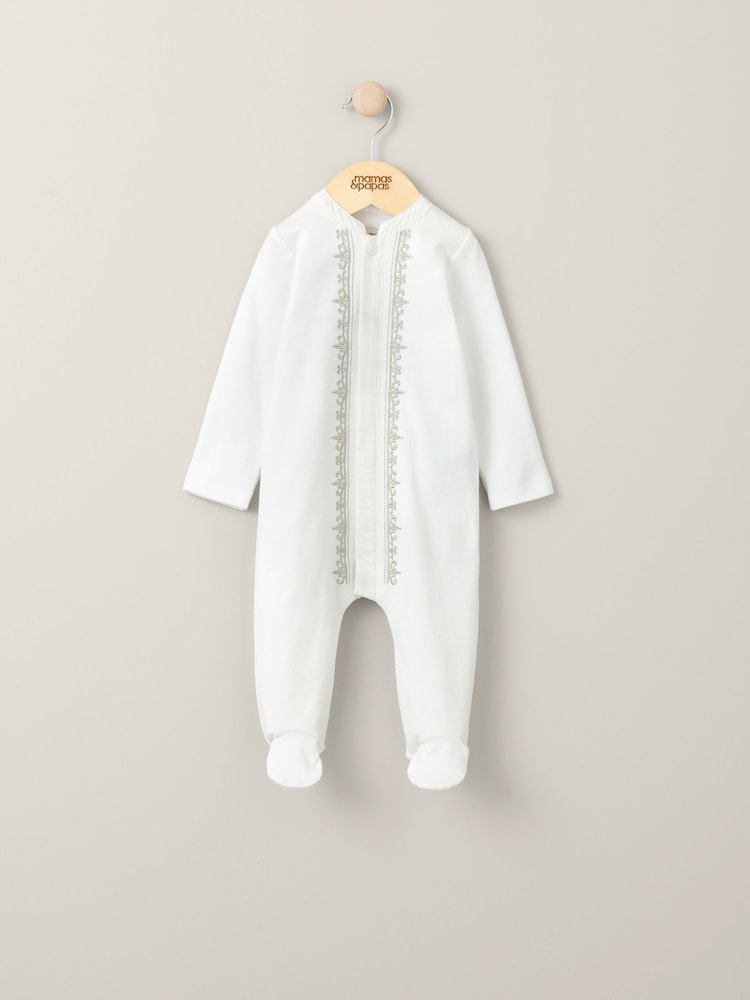 Mamas & Papas Boys Eid Embroidered 100% Cotton White Sleepsuit - Image 1 of 3