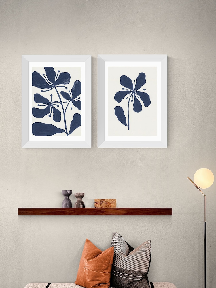 East End Prints Set of 2 White Navy Floral Framed Art Print - Image 1 of 2 East End Prints Set of 2 White Navy Floral Framed Art Print - Image 1 of 2