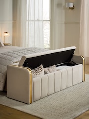 Soft Velvet Pebble Natural Myla Wood and Upholstered Storage Ottoman Bench - Image 2 of 7