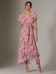 Jolie Moi Pink Printed Wrap Ruffle Maxi Dress - Image 1 of 6