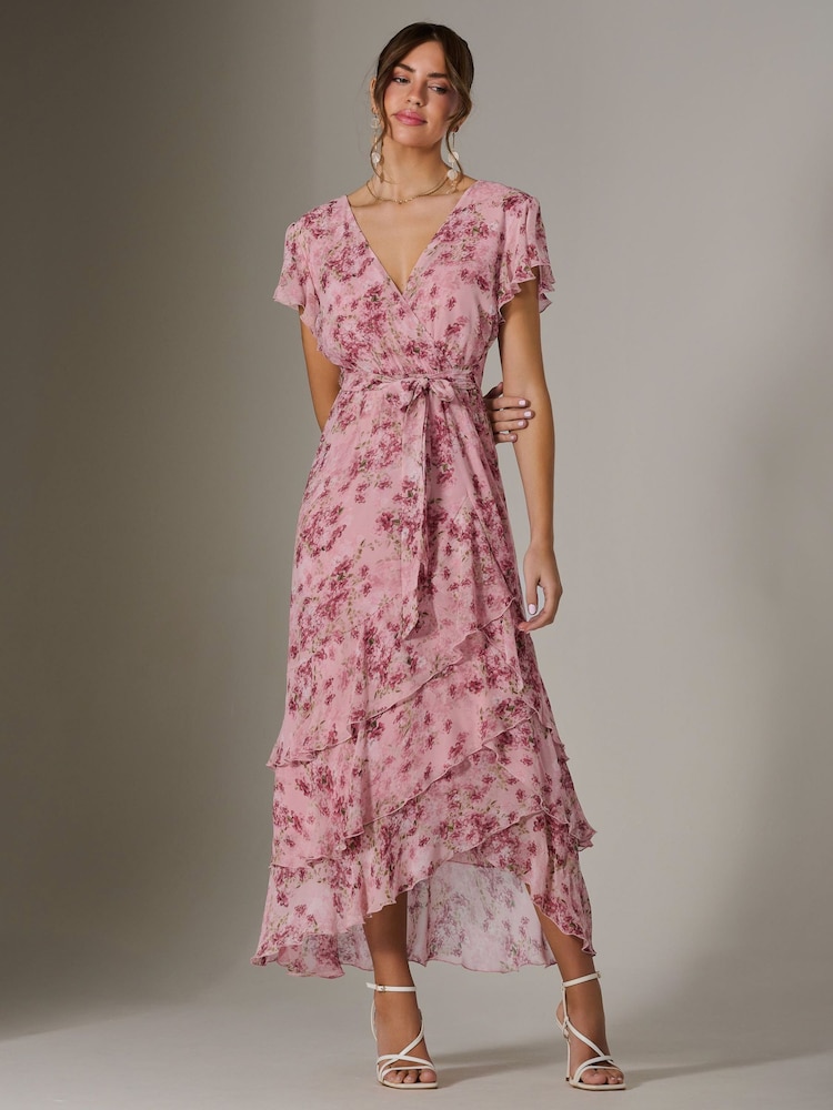 Jolie Moi Pink Printed Wrap Ruffle Maxi Dress - Image 1 of 6