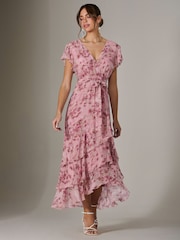 Jolie Moi Pink Printed Wrap Ruffle Maxi Dress - Image 3 of 6