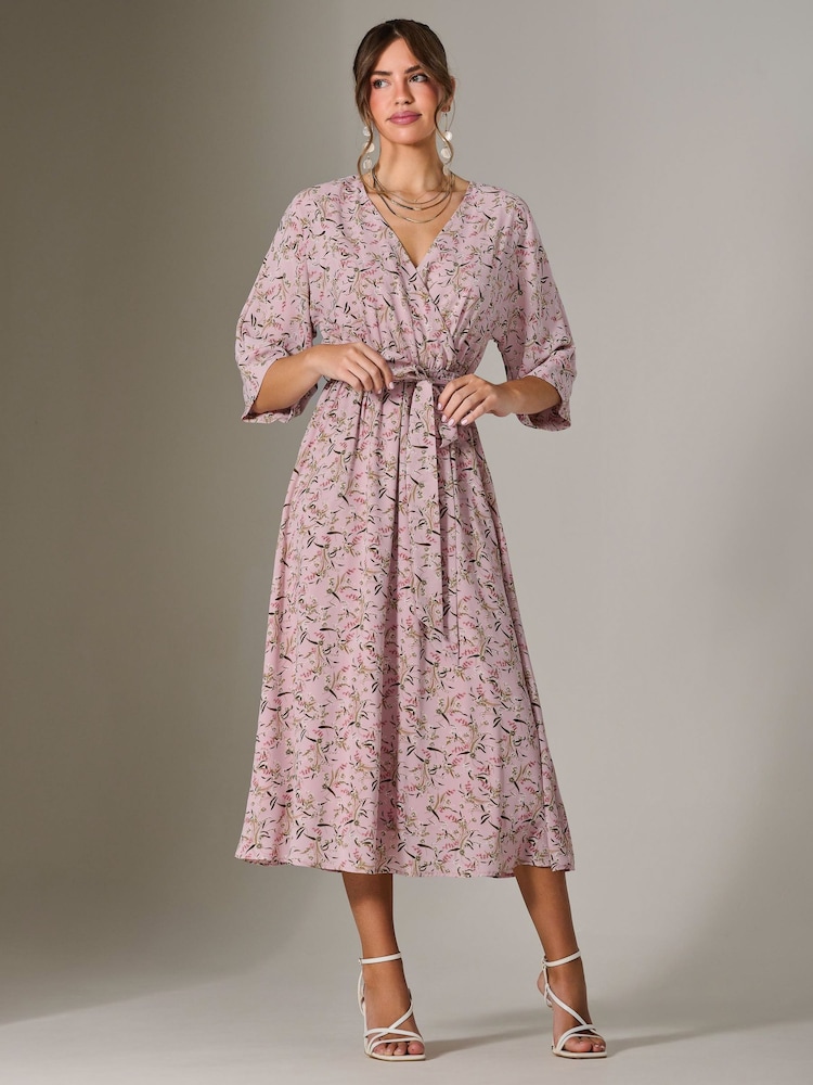 Jolie Moi Pink Tie Front Half Sleeve Midi Dress - Image 1 of 6