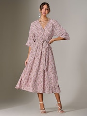 Jolie Moi Pink Tie Front Half Sleeve Midi Dress - Image 3 of 6
