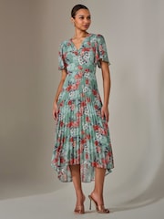 Jolie Moi Green Angel Sleeve Pleated Chiffon Maxi Dress - Image 3 of 6