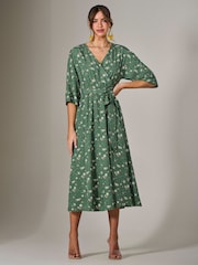Jolie Moi Green Tie Front Half Sleeve Midi Dress - Image 1 of 6