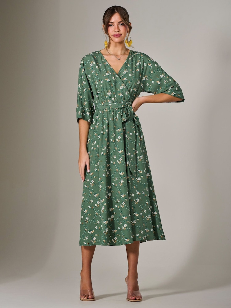 Jolie Moi Green Tie Front Half Sleeve Midi Dress - Image 1 of 6