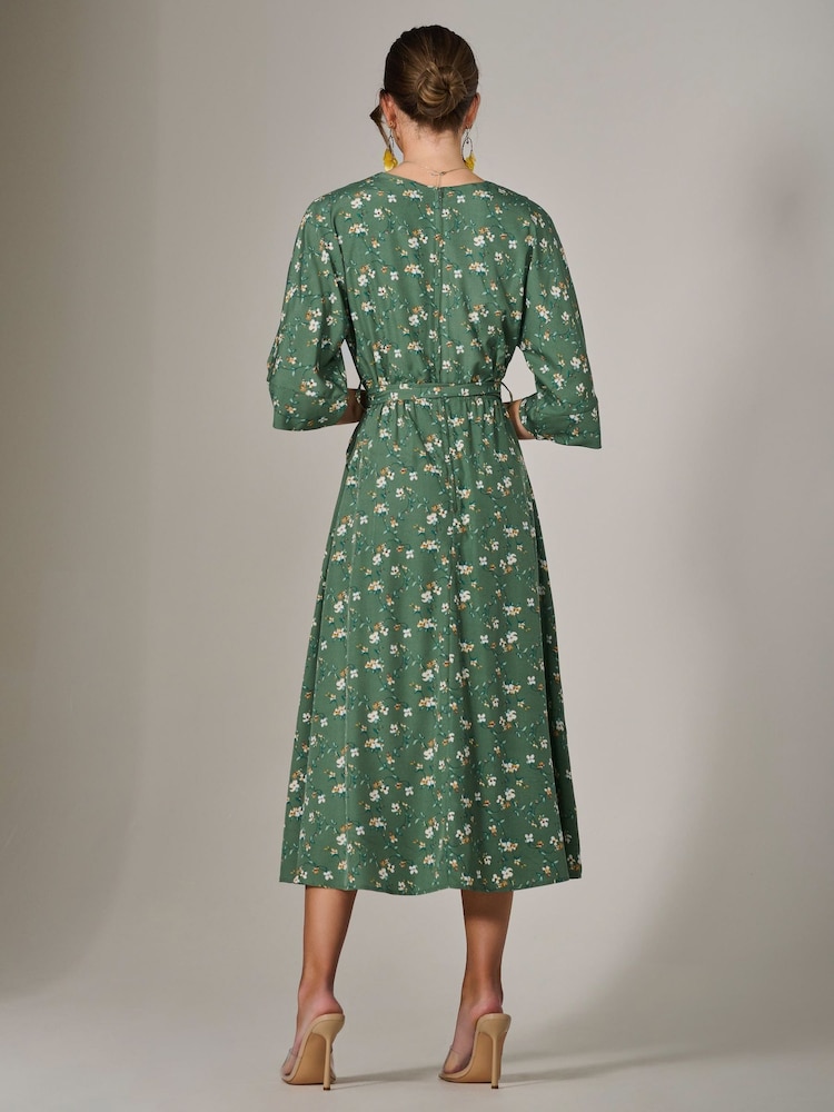 Jolie Moi Green Tie Front Half Sleeve Midi Dress - Image 2 of 6