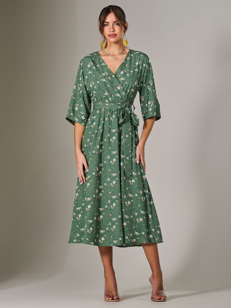 Jolie Moi Green Tie Front Half Sleeve Midi Dress - Image 3 of 6