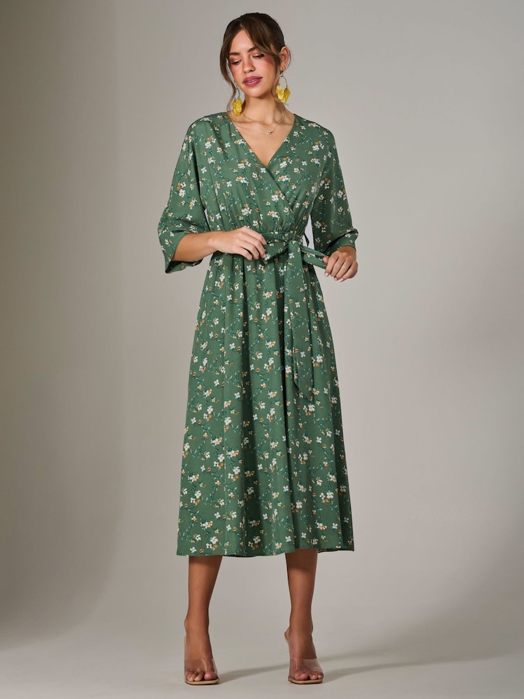 Jolie Moi Green Tie Front Half Sleeve Midi Dress - Image 5 of 6