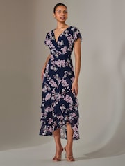 Jolie Moi Blue Printed Wrap Ruffle Maxi Dress - Image 1 of 6
