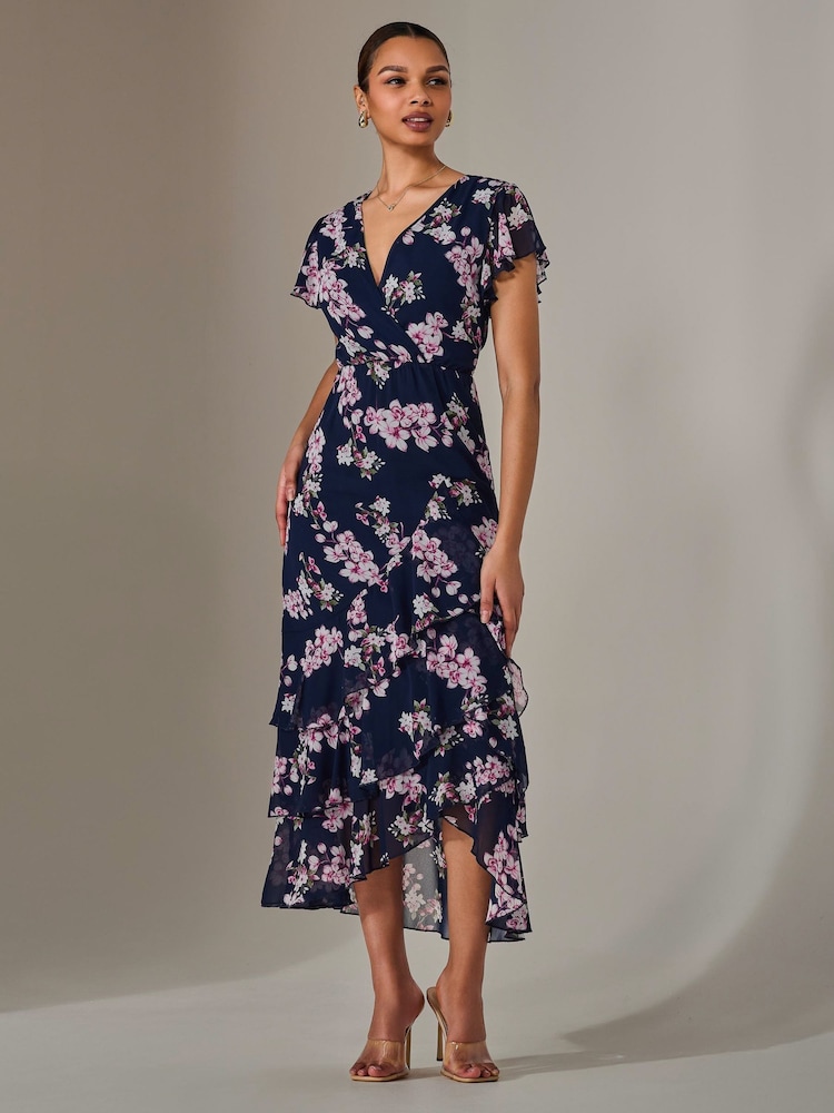 Jolie Moi Blue Printed Wrap Ruffle Maxi Dress - Image 1 of 6