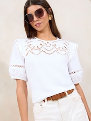 Lipsy White Broderie Puff Sleeve T-Shirt - Image 1 of 4