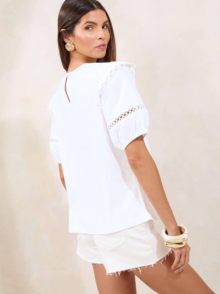 Lipsy White Broderie Puff Sleeve T-Shirt - Image 4 of 4