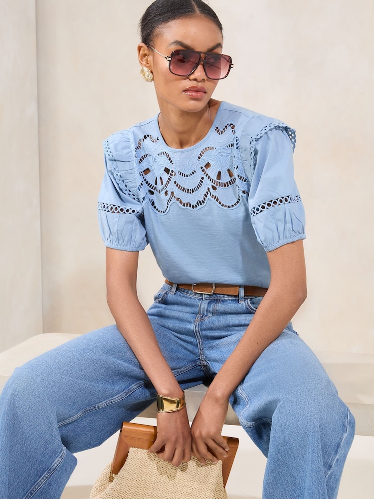 Lipsy Blue Broderie Puff Sleeve T-Shirt - Image 1 of 4 Lipsy Blue Broderie Puff Sleeve T-Shirt - Image 1 of 4