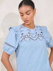 Lipsy Blue Broderie Puff Sleeve T-Shirt - Image 2 of 4