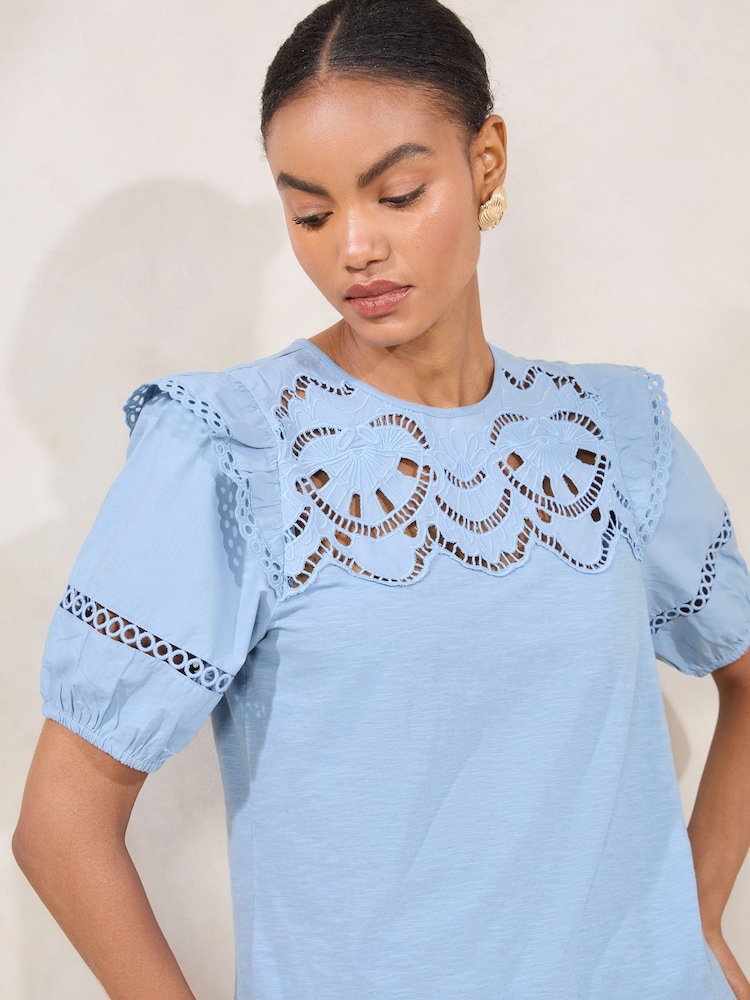 Lipsy Blue Broderie Puff Sleeve T-Shirt - Image 2 of 4