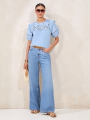 Lipsy Blue Broderie Puff Sleeve T-Shirt - Image 3 of 4