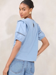Lipsy Blue Broderie Puff Sleeve T-Shirt - Image 4 of 4