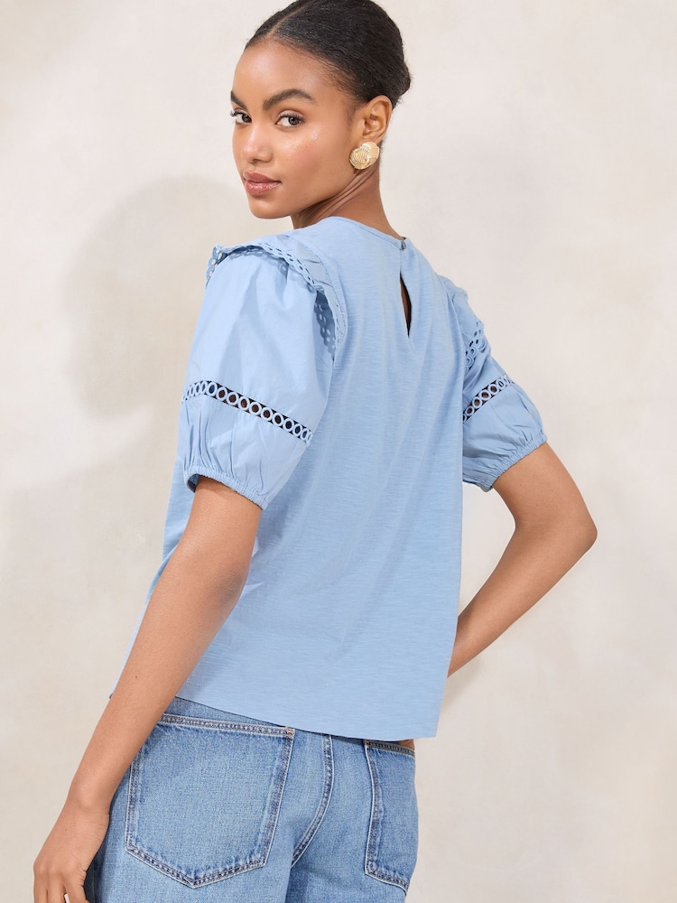Lipsy Blue Broderie Puff Sleeve T-Shirt - Image 4 of 4