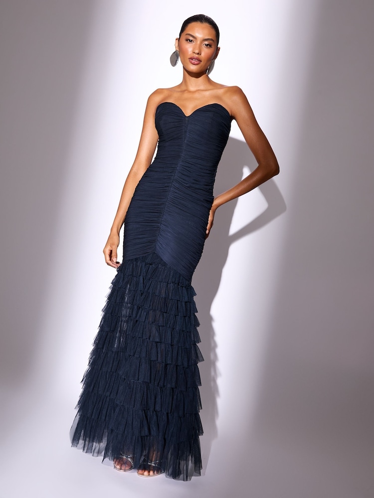 Lipsy Navy Premium Mesh Fishtail Bandeau Maxi Prom Dress - Image 1 of 5
