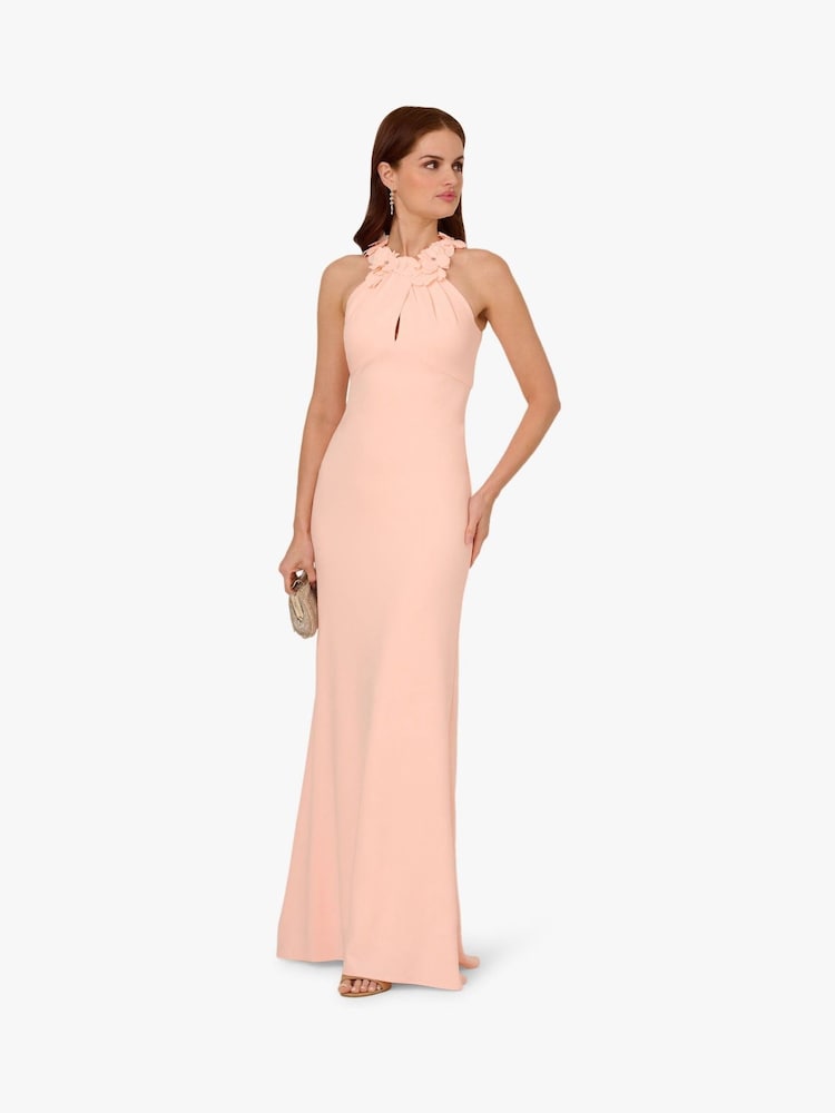 Adrianna Papell Pink Rosette Halter Crepe Gown - Image 1 of 5