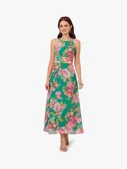 Adrianna Papell Green Floral Chiffon Halter Dress - Image 1 of 6