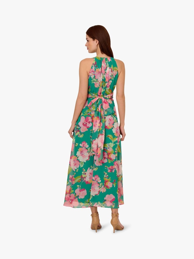 Adrianna Papell Green Floral Chiffon Halter Dress - Image 2 of 6