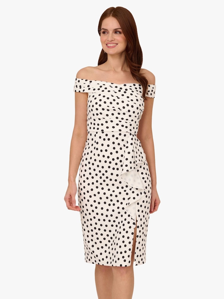 Adrianna Papell Polkadot Drape Sheath White Dress - Image 1 of 5