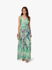 Adrianna Papell Green Draped Floral Chiffon Gown - Image 1 of 5