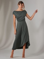 Jolie Moi Green Asymmetric Drape Midi Dress - Image 4 of 6