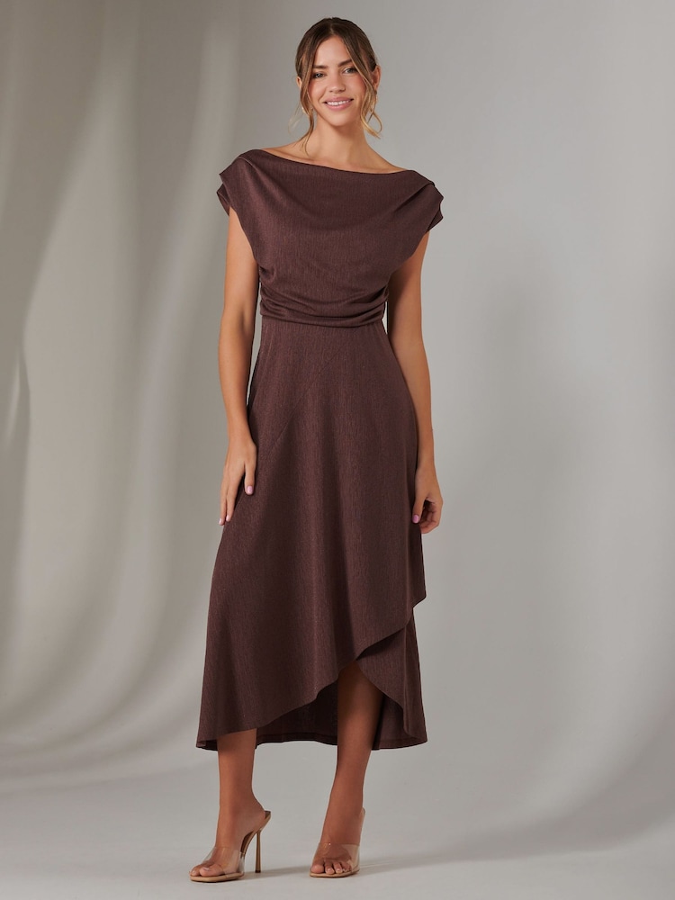 Jolie Moi Brown Asymmetric Drape Midi Dress - Image 1 of 6