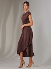 Jolie Moi Brown Asymmetric Drape Midi Dress - Image 4 of 6