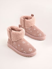 Lipsy Pink Standard Fit (F) Faux Shearling Lined Print Pull On Bootie Slippers - Image 1 of 4