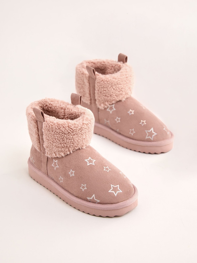 Lipsy Pink Standard Fit (F) Faux Shearling Lined Print Pull On Bootie Slippers - Image 1 of 4 Lipsy Pink Standard Fit (F) Faux Shearling Lined Print Pull On Bootie Slippers - Image 1 of 4