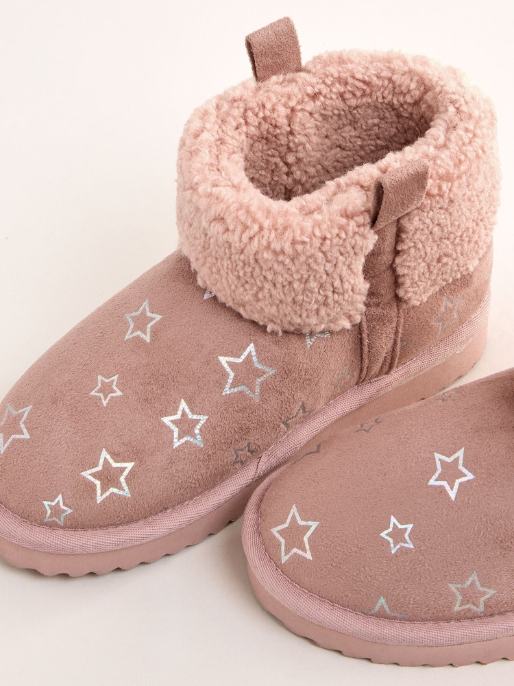 Lipsy Pink Standard Fit (F) Faux Shearling Lined Print Pull On Bootie Slippers - Image 2 of 4 Lipsy Pink Standard Fit (F) Faux Shearling Lined Print Pull On Bootie Slippers - Image 2 of 4
