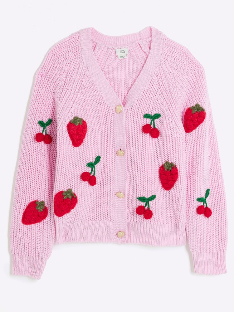 River Island Pink Girls 3D Fruit Cardigan - Image 1 of 4 River Island Pink Girls 3D Fruit Cardigan - Image 1 of 4