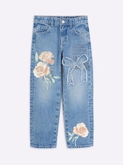 River Island Blue Girls Blue Rose Graffiti Straight 100% Cotton Jeans - Image 1 of 4