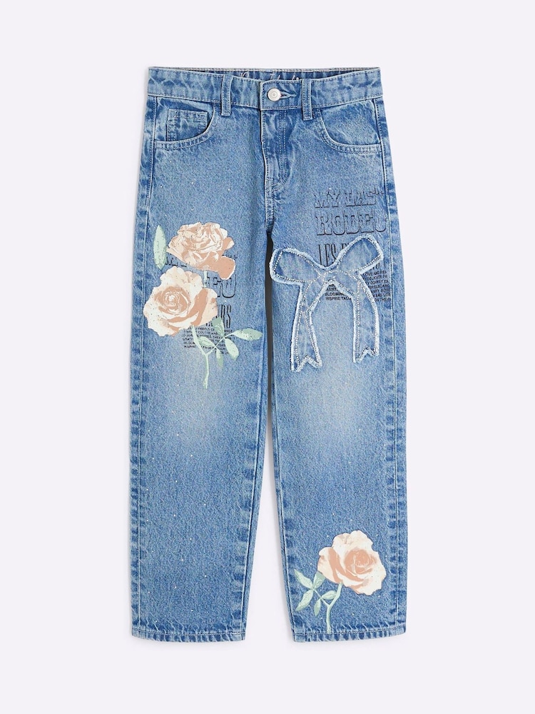 River Island Blue Girls Blue Rose Graffiti Straight 100% Cotton Jeans - Image 1 of 4 River Island Blue Girls Blue Rose Graffiti Straight 100% Cotton Jeans - Image 1 of 4