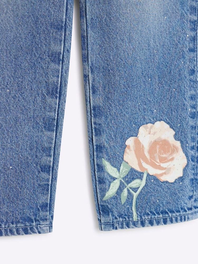 River Island Blue Girls Blue Rose Graffiti Straight 100% Cotton Jeans - Image 4 of 4 River Island Blue Girls Blue Rose Graffiti Straight 100% Cotton Jeans - Image 4 of 4
