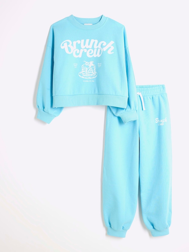 River Island Blue Girls Brunch Club 100% Cotton Sweat Set - Image 1 of 5