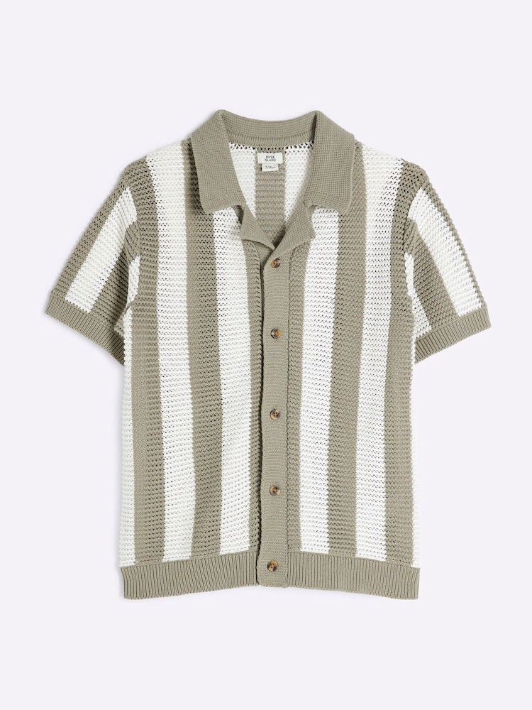 River Island Green Boys Stripe 100% Cotton Polo Jumper - Image 1 of 4 River Island Green Boys Stripe 100% Cotton Polo Jumper - Image 1 of 4