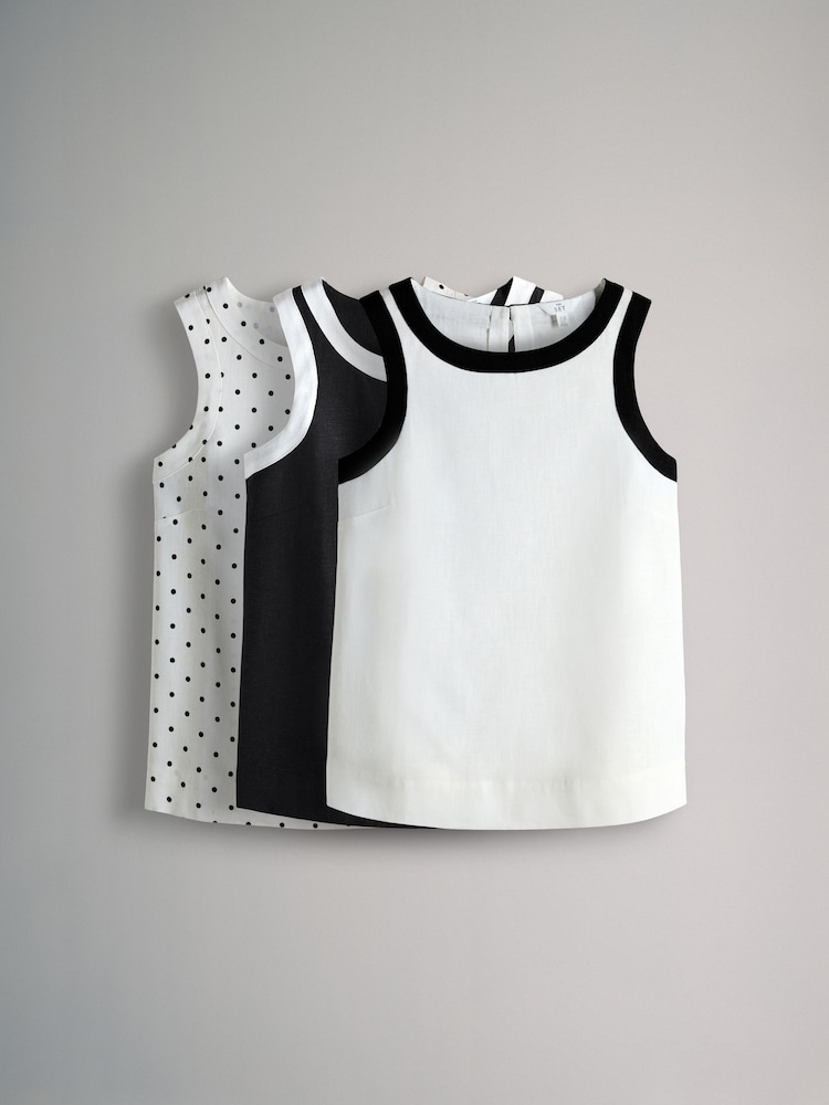 Black/White/Spot Piped Linen Blend Shell Tops 3 Pack - Image 1 of 6