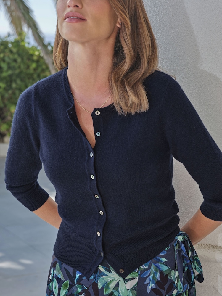 Pure Collection Blue 3/4 Sleeve Cashmere Cropped Crew Neck Cardigan - Image 3 of 3