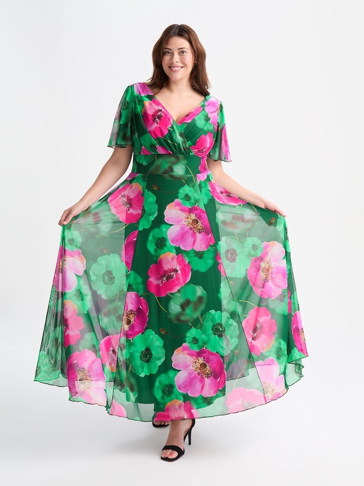 Scarlett & Jo Dark Green Curve Isabelle Angel Sleeve Maxi Dress - Image 1 of 5