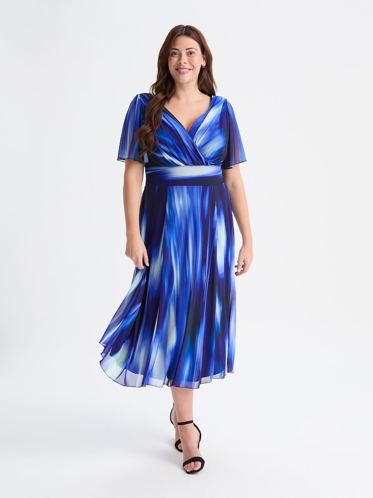 Scarlett & Jo Light Blue Victoria Spot Print Angel Sleeve Mesh Midi Dress - Image 1 of 4